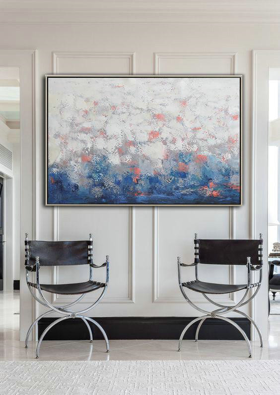 Custom Oil Painting,Oversized Horizontal Contemporary Art,Large Abstract Art Handmade Acrylic Painting,White,Grey,Blue.etc